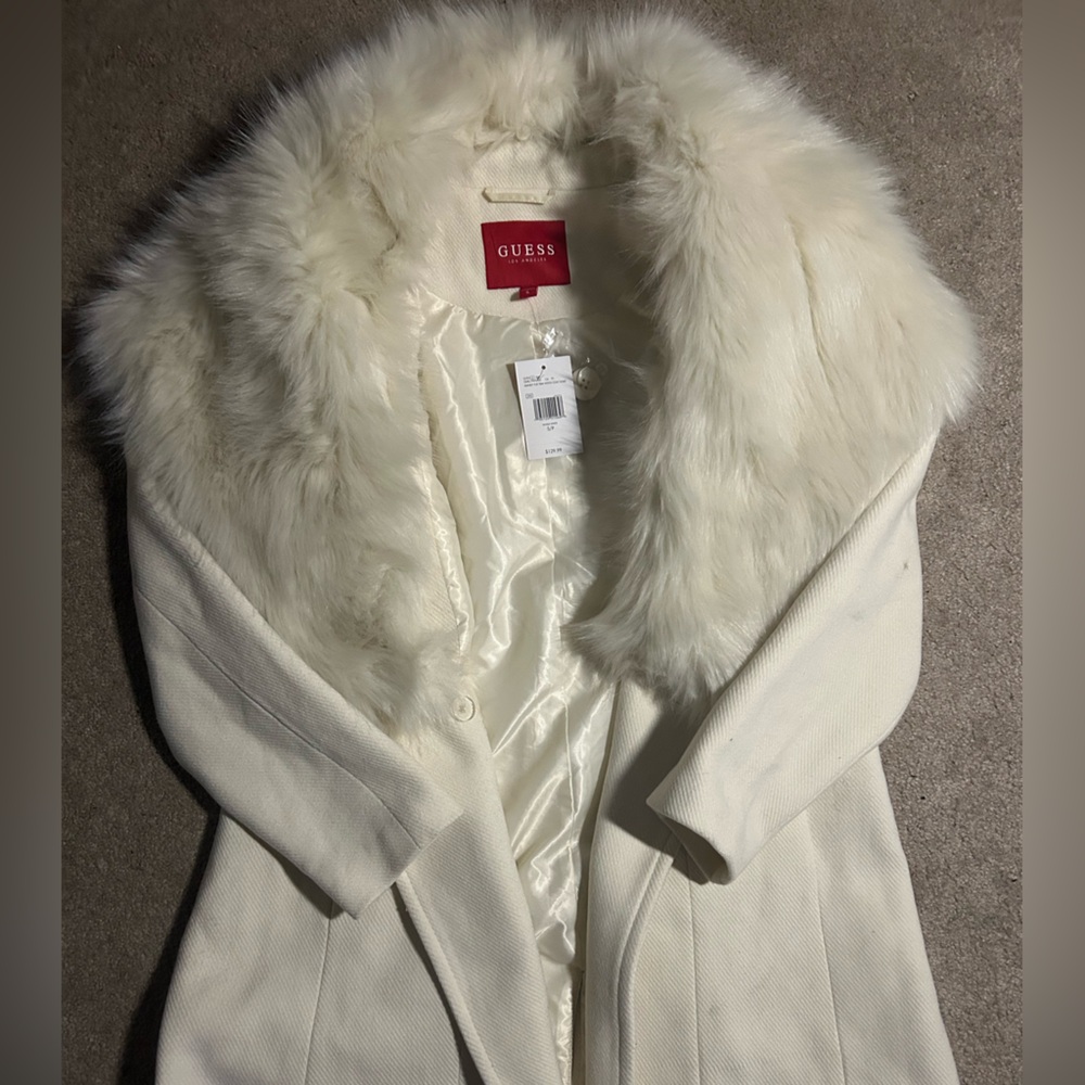 GUESS Cream Faux Fur Trim Coat